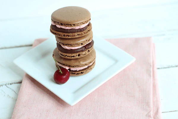 Chocolate French Macarons with Cherry Buttercream and Milk Chocolate Ganache Fillings