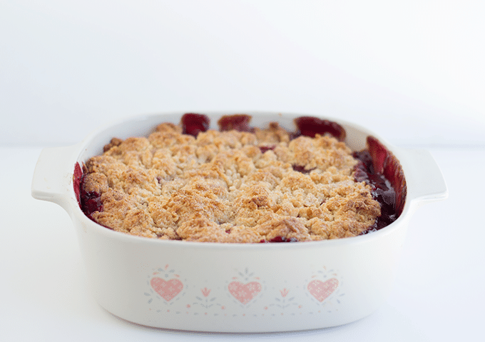 Blackberry Cobbler baked into a retro Pyrex baking dish