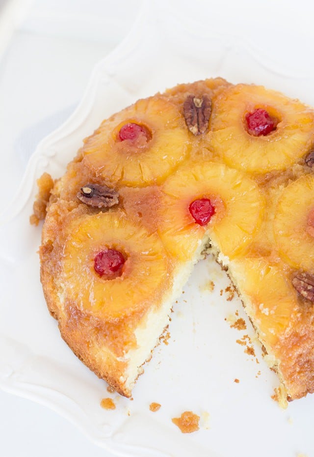 Pineapple Upside Down Skillet Cake with a slice removed