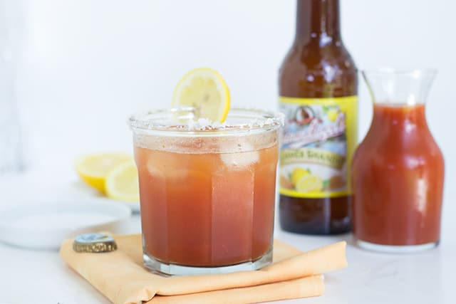 Bloody Mary Beer - It's simply vegetable juice, summer shandy beer, salt, pepper, ice and lemon for garnish. It tastes amazing!