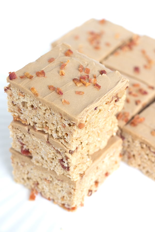 Maple Bacon Rice Krispies Treats - sweet and salty chewy marshmallow rice krispies treats filled with bits of bacon and frosted with a maple buttercream.