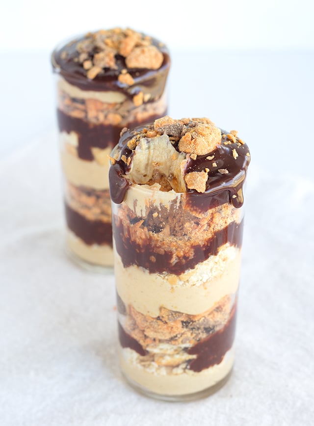 Chocolate Peanut Butter Crunch Trifles - layers of peanut butter pudding, chocolate ganache, crushed ritz crackers and butterfingers to make the perfect trifle.