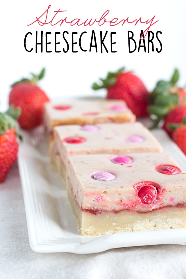 Strawberry Cheesecake Bars - shortbread topped with strawberry jam, cheesecake and strawberry flavored M&M's®!