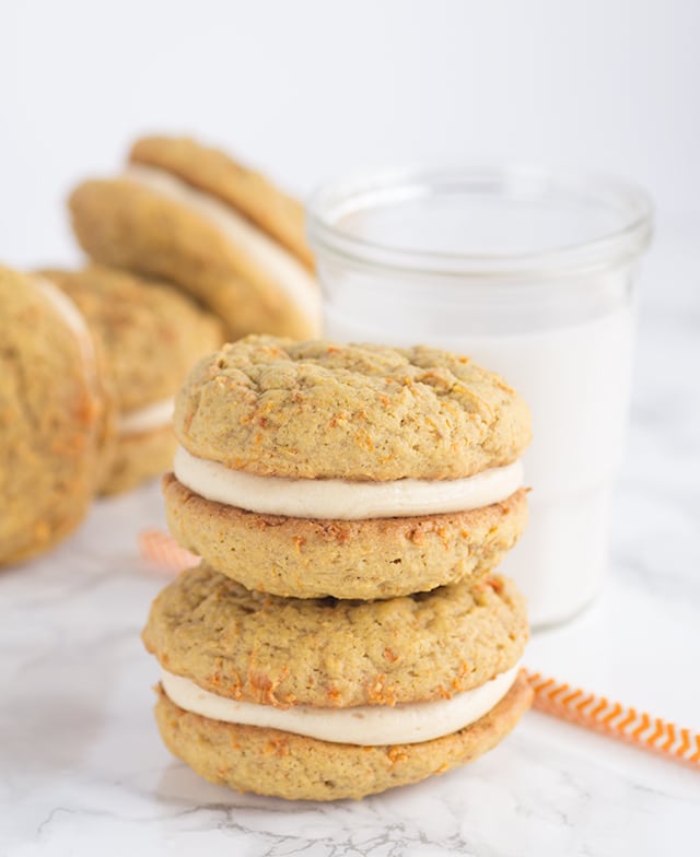 Peanut Butter Carrot Cake Whoopie Pies - peanut butter carrot cake cookies filled with a peanut butter cream cheese frosting.