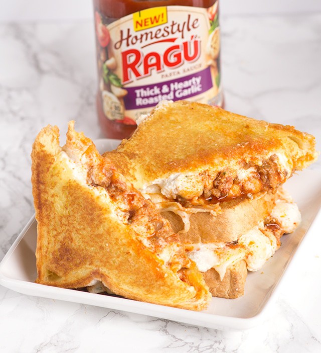 Lasagna Grilled Cheese - all the delicious cheesy ingredients can be found inside this grilled cheese. It's slightly messy but the best grilled cheese I've ever had!