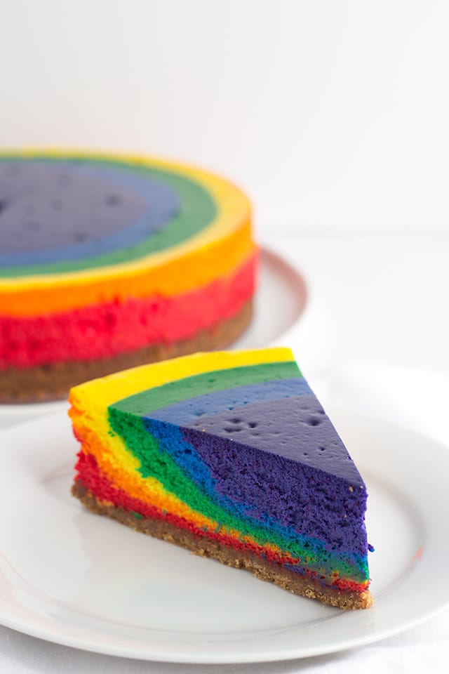 slice of rainbow cheesecake on a plate - the rest of the cheesecake sits behind it