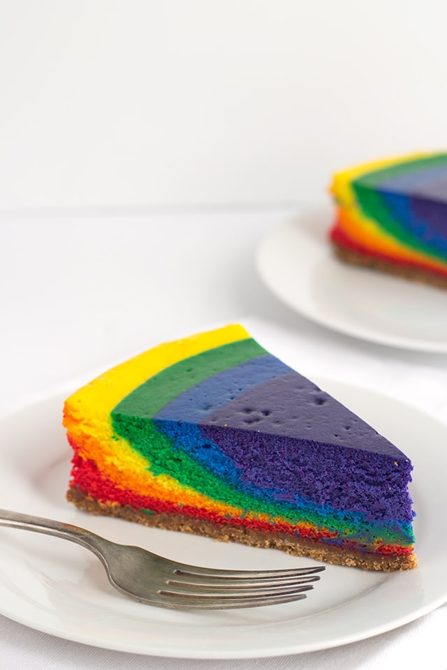 Rainbow Cheesecake -Vibrant rainbow colored vanilla bean cheesecake that's perfect for St. Patrick's Day!